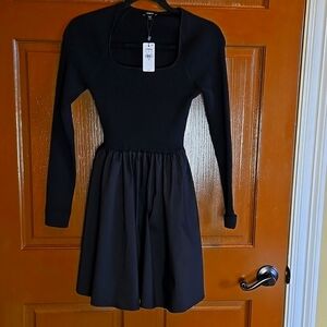 Express Black long sleeved dress with ribbed top and gathered skirt Sz XS NWT
